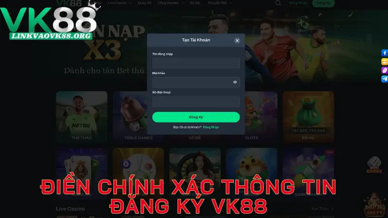 Điền chính xác thông tin đăng ký VK88